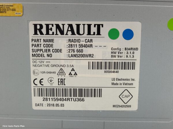 2018 RENAULT TRAFIC Radio/Cd/Dvd/Sat/Tv