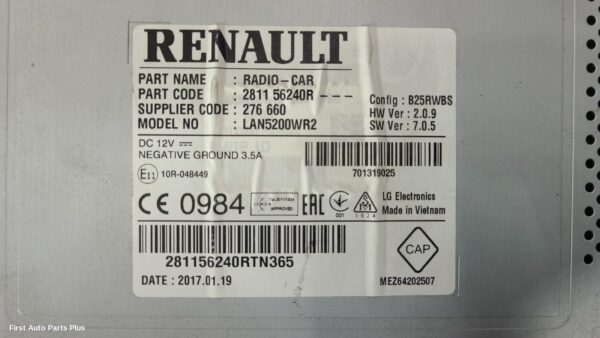 2016 RENAULT TRAFIC Radio/Cd/Dvd/Sat/Tv